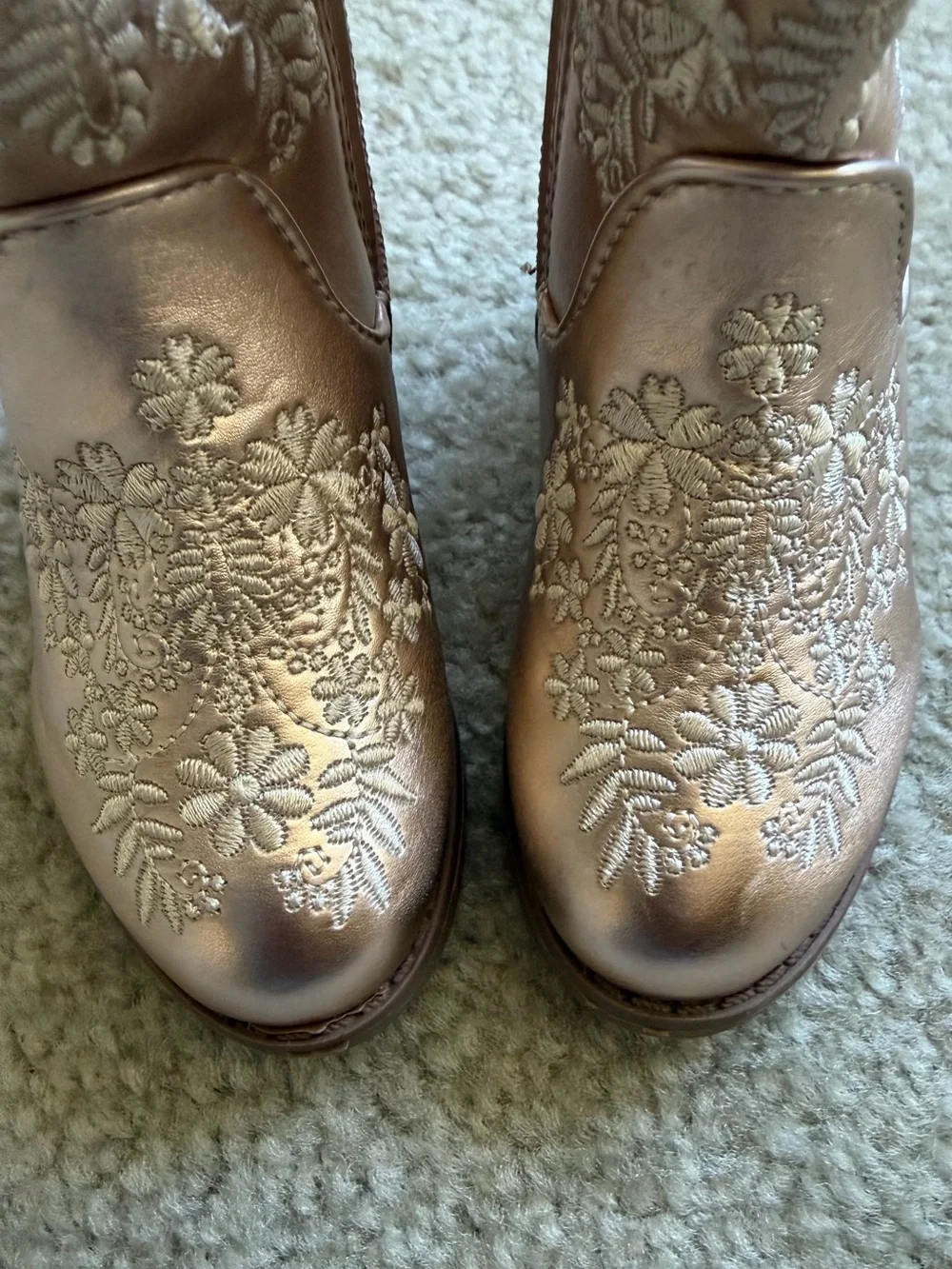Girls Metallic Pink Floral Embroidered Western Boots with Side Zip